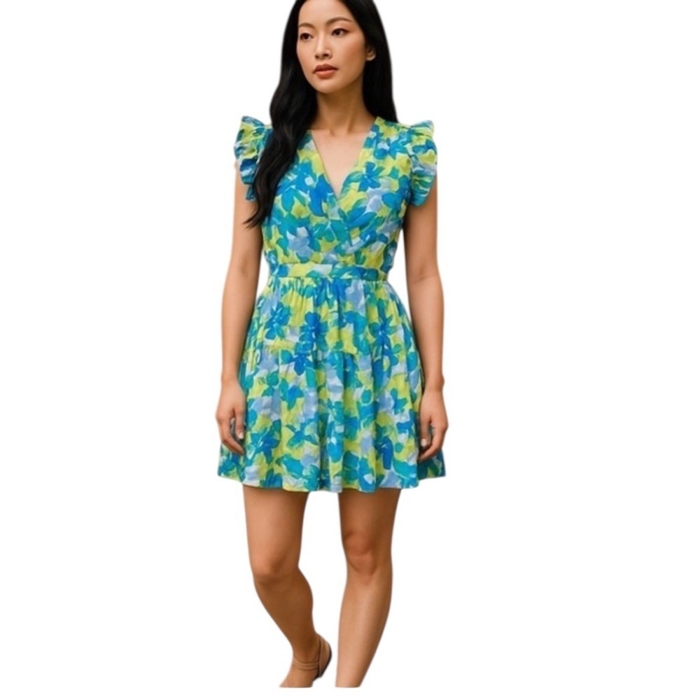 Taylor Blue and Yellow V-Neck Flutter Sleeve Mini Dress